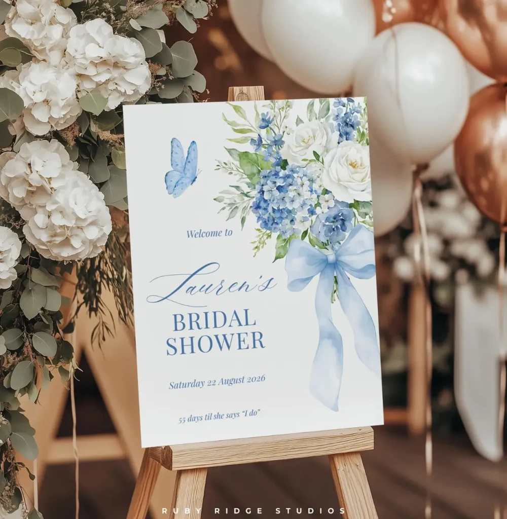 Blue Floral Bridal Shower Welcome Sign